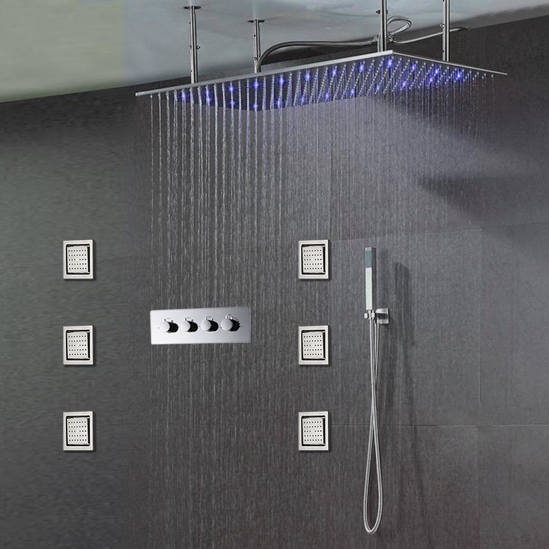 Reno 40x20" Luxury Bath Shower Faucet Set Stainless Steel Rain Shower Head With Brass Valve, Hand Shower And Massage Spray